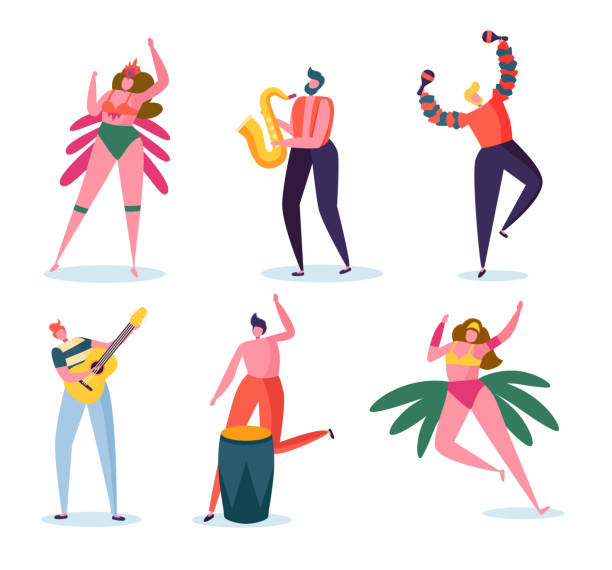 ilustraciones, imágenes clip art, dibujos animados e iconos de stock de conjunto de caracteres de la banda de carnaval brasileño. moda mujer en bikini de plumas vestido danza en el festival de música de brasil. hombre jugar guitarra y saxofón para vacaciones de verano vector ilustración de dibujos animados plano aislado - samba dancing