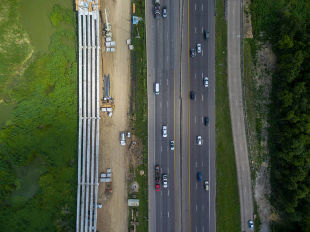 Aerial view of traffic on a major Texas freeway. stock photo
