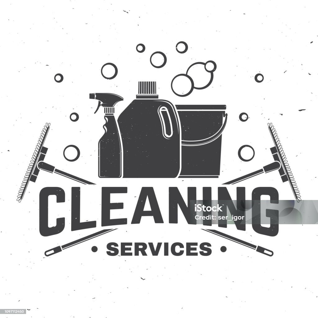 Cleaning company badge, emblem. Vector illustration. Concept for shirt, stamp or tee. Vintage typography design with cleaning equipments. Cleaning service sign for company related business Cleaning company badge, emblem. Vector illustration. Concept for shirt, print, stamp or tee. Vintage typography design with cleaning equipments. Cleaning service sign for company related business Cleaning stock vector