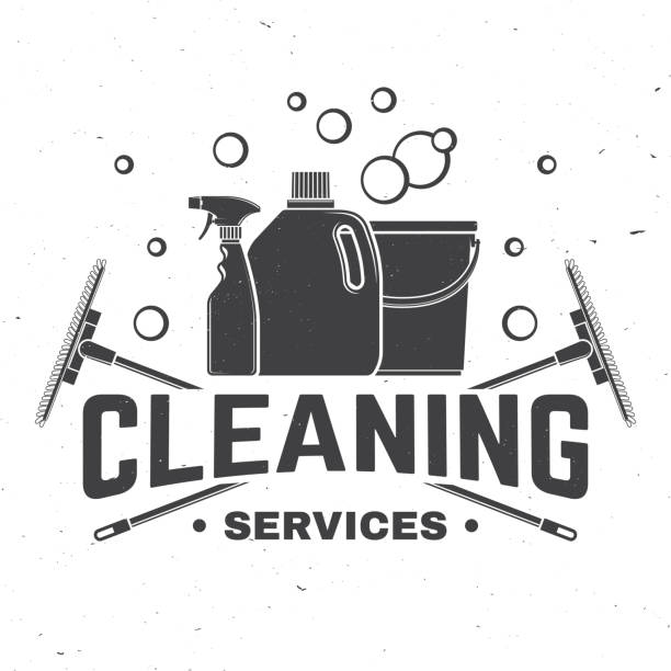 Cleaning company badge, emblem. Vector illustration. Concept for shirt, stamp or tee. Vintage typography design with cleaning equipments. Cleaning service sign for company related business Cleaning company badge, emblem. Vector illustration. Concept for shirt, print, stamp or tee. Vintage typography design with cleaning equipments. Cleaning service sign for company related business maid stock illustrations