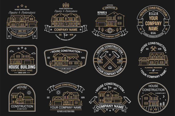 kuvapankkikuvitukset aiheesta talonrakennusyhtiön identiteetti amerikkalaisen esikaupunkitalon kanssa. vektorikuva. ohut viivamerkki, kyltti kiinteistö-, rakennus- ja rakennusyhtiöihin liittyvälle liiketoiminnalle. - konservoida