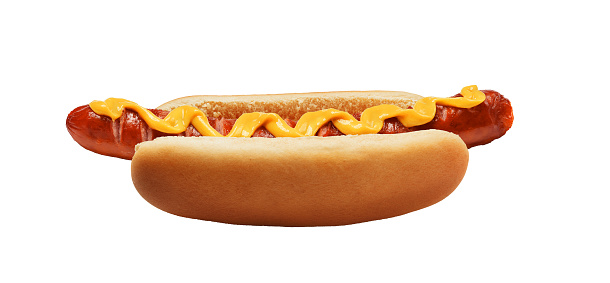 fresh american hot dog with mustard on white background isolate