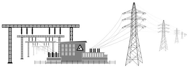 illustrazioni stock, clip art, cartoni animati e icone di tendenza di sottostazione elettrica con linee ad alta tensione. trasmissione e riduzione dell'energia elettrica. - stazione sussidiaria elettrica