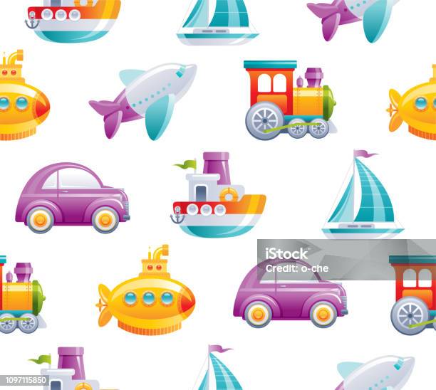 Cartoon Toy Transport Seamless Pattern Cute 3d Boy Boat Car Airplane  Submarine Sail Ship Train Rocket Wallpaper Design Fun Vector Illustration  Isolated On Zig Zag Polka Dot Drawn Background Stock Illustration -