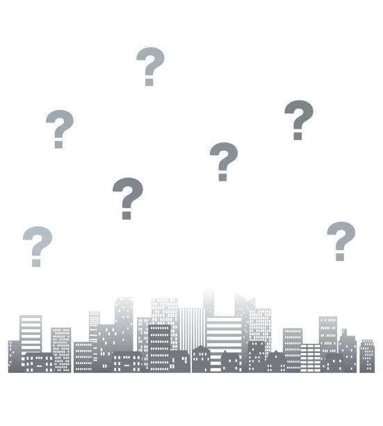 istock Cityscape of the monochrome silhouette and question marks 1097122854