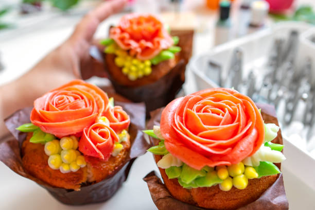 cupcake with rose, from Korean buttercream, dessert