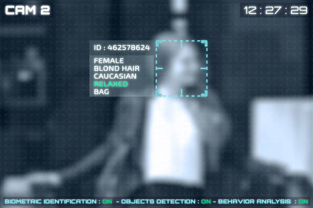 simulación de una pantalla de cctv cámaras con reconocimiento facial - visual screen fotografías e imágenes de stock