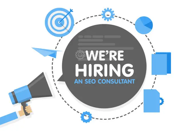 Vector illustration of We hiring a seo consultant analyst. Megaphone concept vector illustration. Banner template, ads, search for employees, hiring site promoter to work.