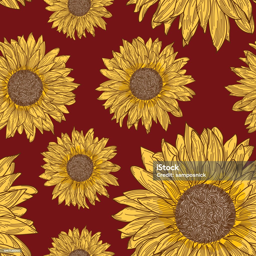 Retro 90s Sunflower Seamless Pattern A 1990s inspired retro sunflower seamless pattern. Global colours, separated to layers. 1990-1999 stock vector