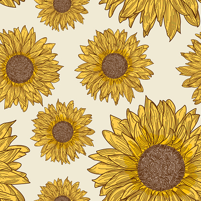 A 1990s inspired retro sunflower seamless pattern. Global colours, separated to layers.