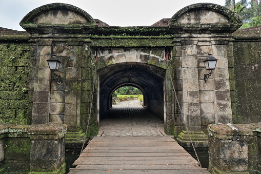 Exterior of the Ravelin of the Royal Gate-Revellin de Puerta Real de Bagumbayan outwork fortification detached from the rampart curtain and leading to Intramuros-Inner Walled city. Manila-Philippines.
