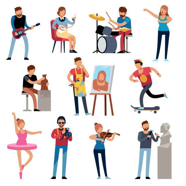Hobby persons. People of creative professions at work. Artistic occupations, retro hobbies cartoon characters vector set Hobby persons. People of creative professions at work. Artistic occupations, retro hobbies cartoon characters vector illustration set sculptor stock illustrations
