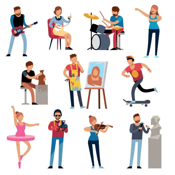 Vector illustration of Hobby persons. People of creative professions at work. Artistic occupations, retro hobbies cartoon characters vector set