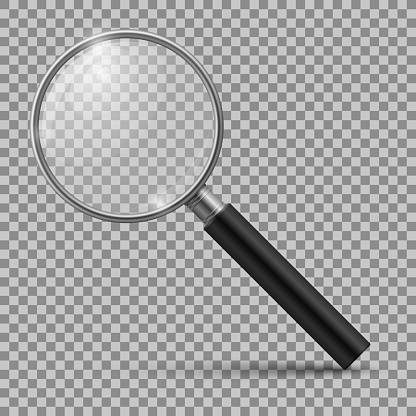 Realistic magnifying glass. Magnification zoom loupe, scrutiny microscope magnify lens. Detective tool isolated vector mockup