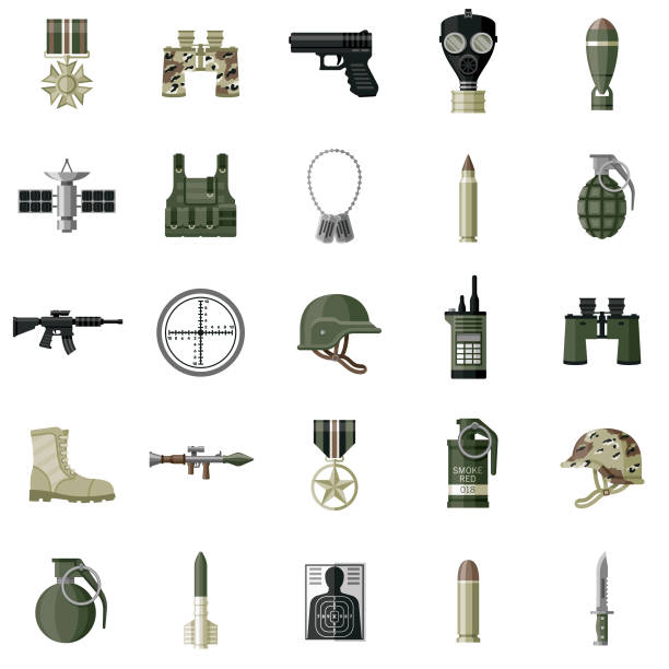 militärische flaches design-icon-set - violence war gun camouflage stock-grafiken, -clipart, -cartoons und -symbole