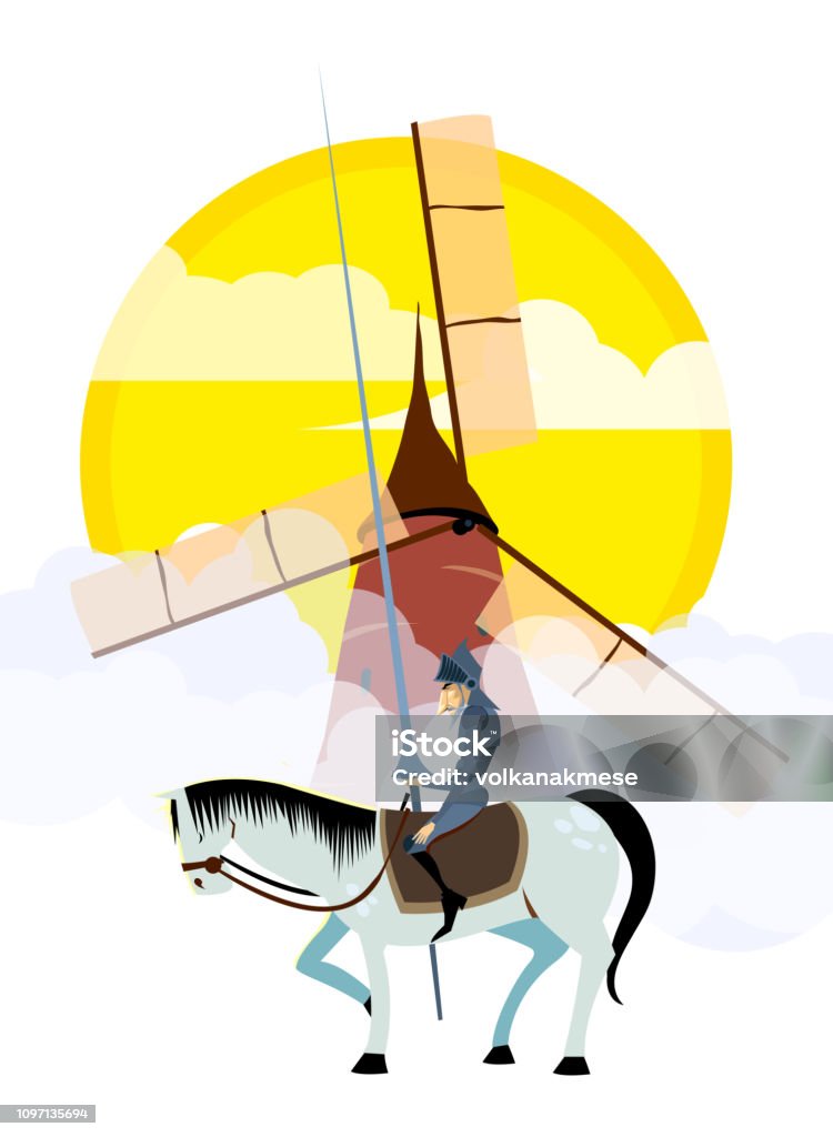 Don Kişot ve Sancho Panza yel değirmenleri üzerinde sürme. - Royalty-free Sancho Panza Vector Art