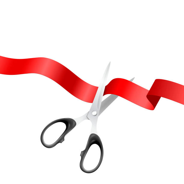 istock Grand Opening Background with Realistic Metal Silver Scissors and Red Ribbon Closeup Isolated on White Background. Design Template of Classic Scissors Cutting Red Ribbon Banner for Opening Ceremony 1097139412