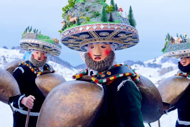 Silvesterchlausen Celebrating New Year in the Canton of Appenzell Ausserrhoden, Urnasch, Switzerland - January 13, 2016. "Silvesterchlausen" is a unique winter festival with pagan roots, celebrated in a few towns in the Canton of Appenzell Ausserrhoden stock photo