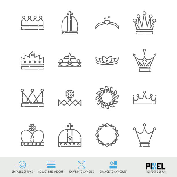 Vector Line Icon Set. Crowns Related Linear Icons. Royal Symbols, Pictograms, Signs Vector Line Icon Set. Success, Crowns, Achievment Related Icons. Royal Symbols, Pictograms, Signs. Pixel Perfect Design. Editable Stroke. Adjust Line Weight. Expand to Any Size. Change to Any Color. King Size stock illustrations