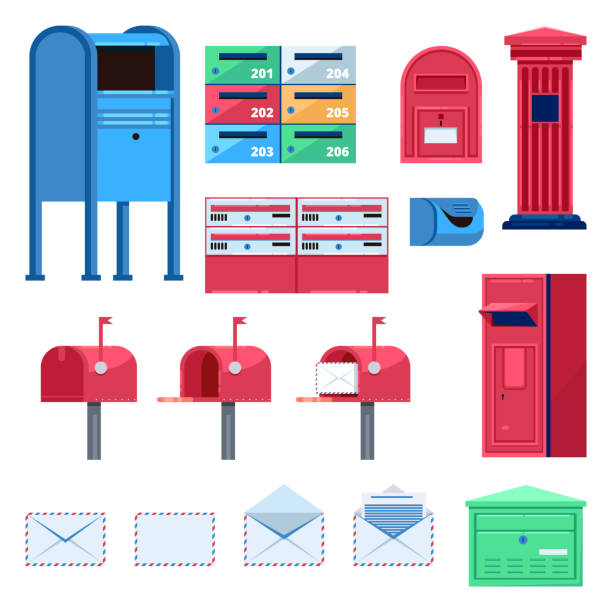 Post mailbox vector flat illustration. Letters and postboxes isolated icons Post mailbox vector flat illustration. Letters and postboxes isolated icons. us mailbox stock illustrations