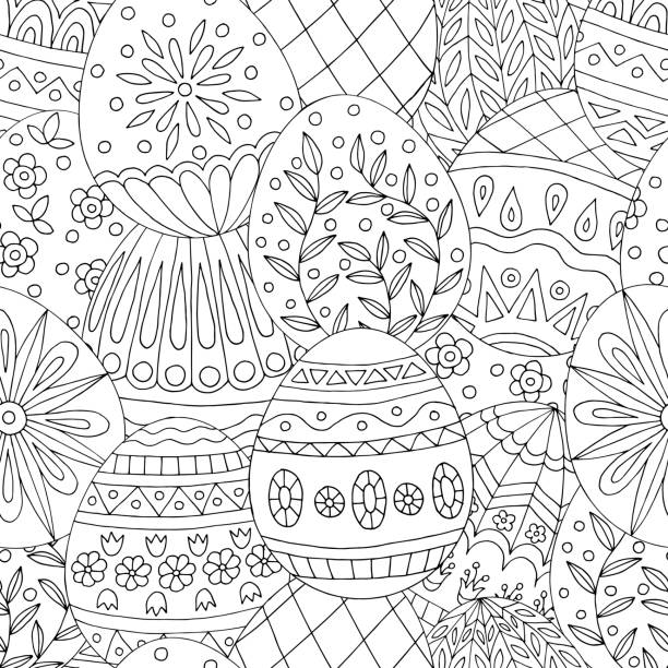 nahtlose muster mit handgezeichneten kritzeleien ostereier - floral pattern decor art backgrounds stock-grafiken, -clipart, -cartoons und -symbole