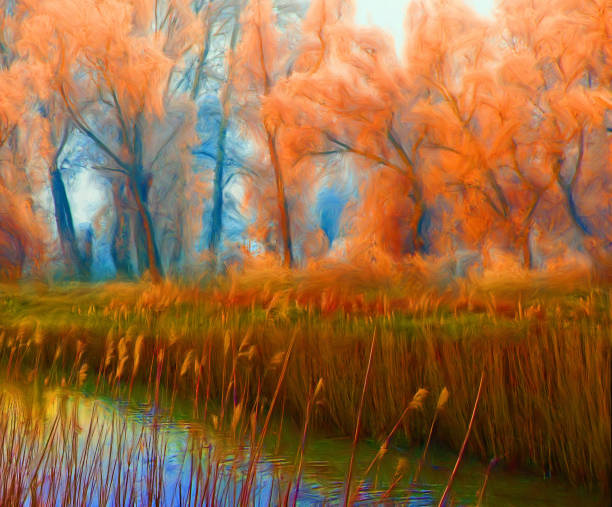 óleo primavera paisagem pintura - spring forest scenics wetland - fotografias e filmes do acervo