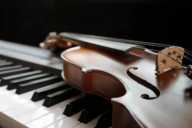 Photo of Piano keyboard with violin,top view