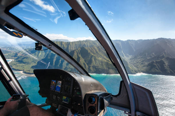 View of the Na Pali Coast from Helicopter Cockpit stock photo