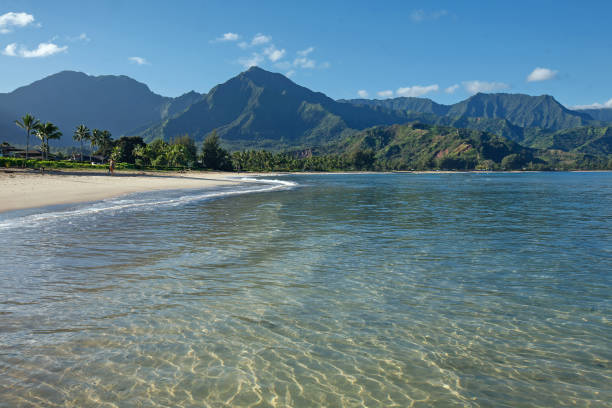 der strand von hanalei bay, kauai - hanalei stock-fotos und bilder