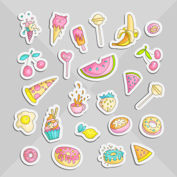 Cute funny Girl teenager colored stickers set, fashion cute teen and princess icons. Magic fun cute girls objects - cupcakes, sweets, eggs, banana, cherry, cup and other draw teens icon patch collection. Cute funny Girl teenager colored stickers set, fashion cute teen and princess icons. Magic fun cute girls objects - cupcakes, sweets, eggs, banana, cherry, cup and other draw teens icon patch collection colored on gray gradient. junior high age stock illustrations