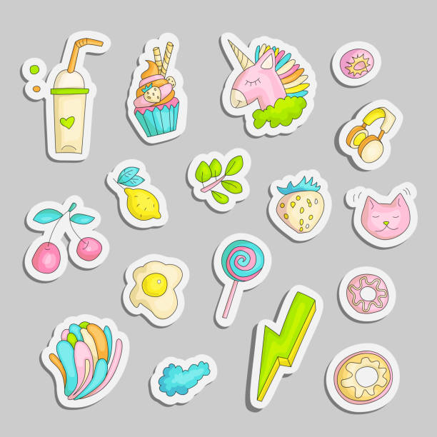 ilustrações de stock, clip art, desenhos animados e ícones de cute funny girl teenager colored stickers set, fashion cute teen and princess icons. magic fun cute girls objects - unicorn, lollipop, eggs, branch, lemon, cat and other draw teens icon patch collection. - baby icons audio