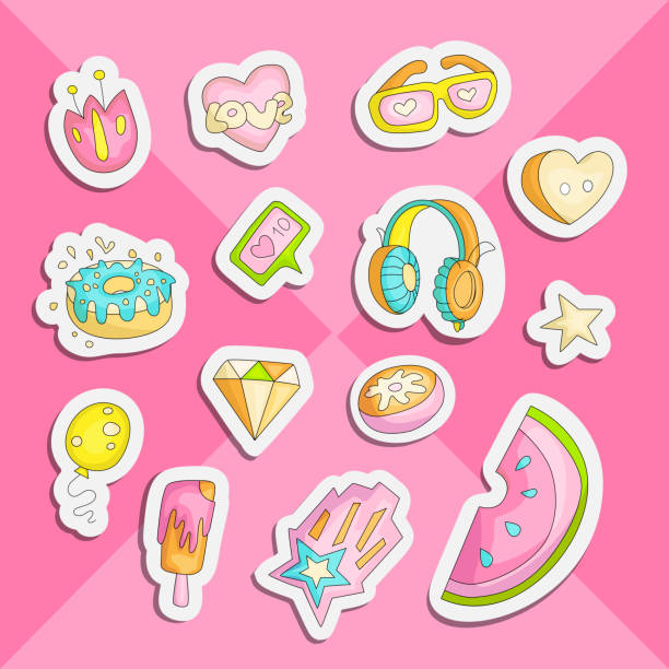 Cute funny Girl teenager colored stickers set, fashion cute teen and princess icons. Magic fun cute girls objects - watermelon, flower, diamond, headphones and other draw icon patch collection. Cute funny Girl teenager colored stickers set, fashion cute teen and princess icons. Magic fun cute girls objects - watermelon, flower, diamond, headphones and other draw teens icon patch collection colored on pink gradient. junior high age stock illustrations