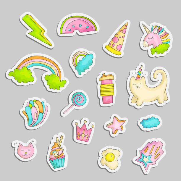 Cute funny Girl teenager colored stickers set, fashion cute teen and princess icons. Magic fun cute girls objects - unicorn, rainbows, pizza, crown, cats, stars and other draw teens icon patch collection. Cute funny Girl teenager colored stickers set, fashion cute teen and princess icons. Magic fun cute girls objects - unicorn, rainbows, pizza, crown, cats, stars and other draw teens icon patch collection colored on gray kid stickers stock illustrations