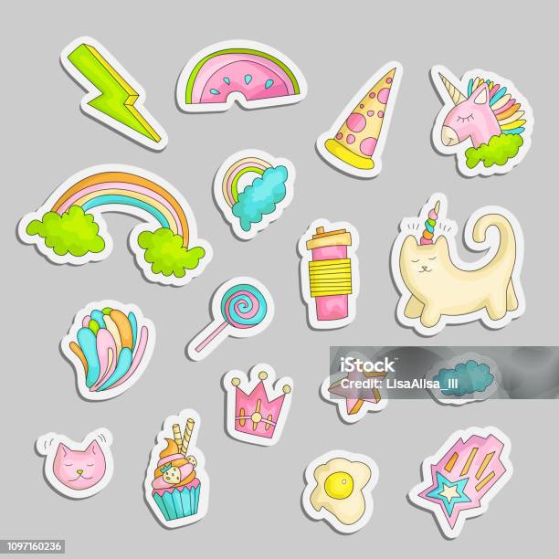 Cute Funny Girl Teenager Colored Stickers Set Fashion Cute Teen And Princess Icons Magic Fun Cute Girls Objects Unicorn Rainbows Pizza Crown Cats Stars And Other Draw Teens Icon Patch Collection Stock Illustration - Download Image Now