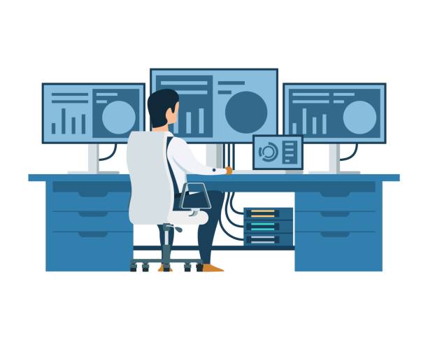 Male Engineer Working on Multi Display Computer Male Engineer Working on Multi Display Computer. Back View of Character Sitting on Chair. Modern Blue Workspace. Control Logistic Warehouse Service. Flat Cartoon Vector Illustration flowchart symbols programming stock illustrations