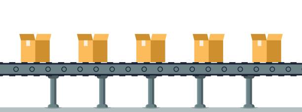 Box on Automatic Mechanical Packing Conveyor Line Box on Automatic Mechanical Packing Conveyor Line. Moving Belt with Open Cardboard Package or Parcel on Factory. Warehouse, Storage Boxing Equipment. Flat Cartoon Vector Illustration production line stock illustrations