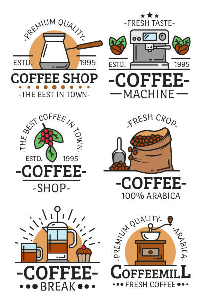 Coffee cups and beans vector icons Coffee shop, cafe and coffehouse icons or emblems. Vector coffee machine maker, French press and espresso, americano cup and coffee machine steam or Arabica beans roast in bag turkish coffee pot cezve stock illustrations