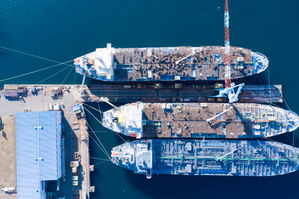 istock Aerial photograph of a large ship under construction. 1097179688