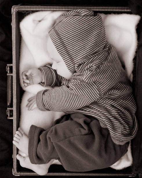 sleeping baby in suitcase stock photo
