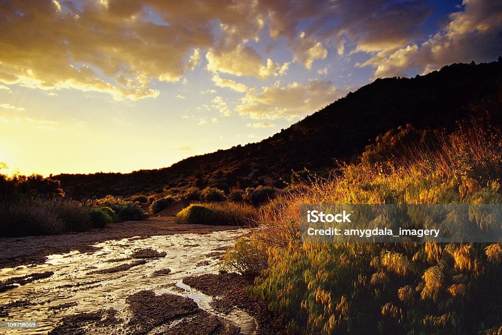 Pôr do sol paisagem de montanhas do Deserto de fluxo e céu - Foto de stock de Novo México royalty-free