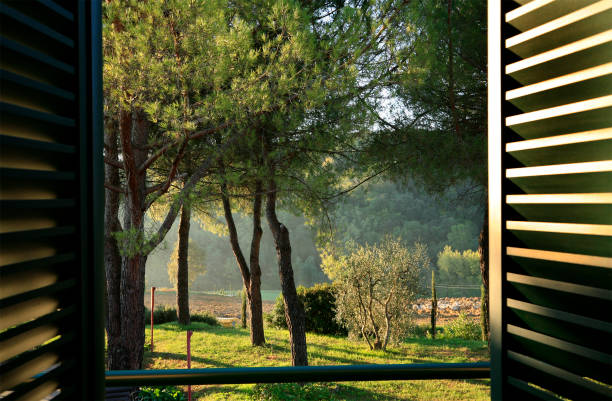 gli scuri apertura per giardino-camera da letto - san gimignano immagine foto e immagini stock