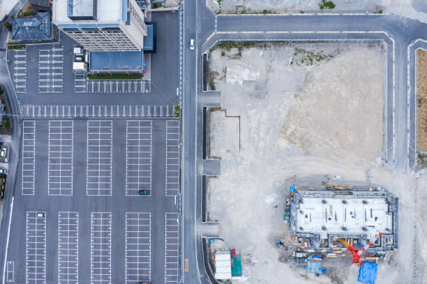 Large parking area and apartment construction areas