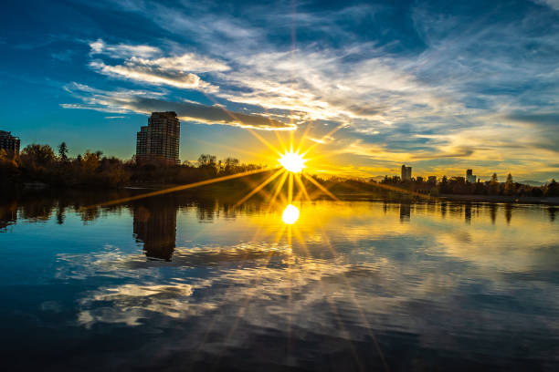 Colorful Drone Sunset Over City Park in Denver, Colorado stock photo