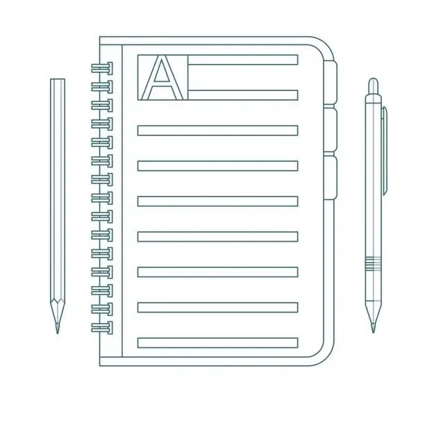 Vector illustration of Notebook, pencil and pen.