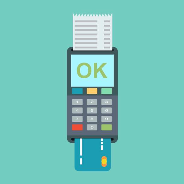 Pos terminal in flat style. Pos terminal in flat style. Pos payment. Illustration pos machine or credit card terminal. Concept of cashless payment and credit card payment. airport terminal stock illustrations