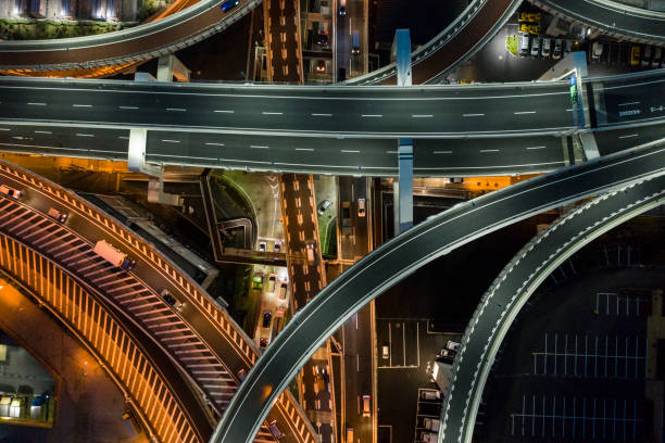 istock Night photograph of complicated intersecting highway. 1097185888