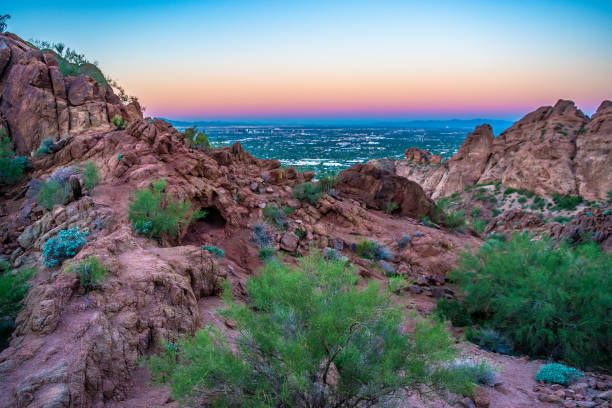 Colorful Sunrise on Camelback Mountain in Phoenix, Arizona stock photo