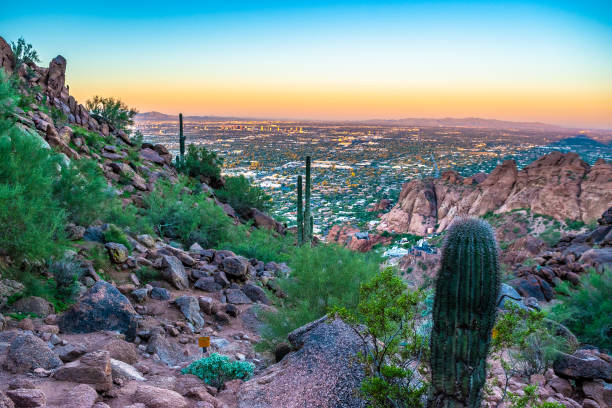 Colorful Sunrise on Camelback Mountain in Phoenix, Arizona stock photo