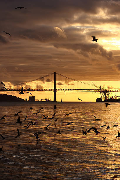 Tagus River Bridge at Sunset in Lisbon, Portugal stock photo
