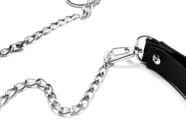 istock Silver metal carbine and chain isolated on white background. View from above 1097188310